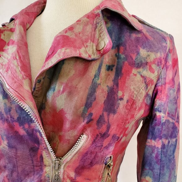 Leather Motorcycle biker Jacket graffiti painted pink purple red blue XS 0 2 4 6 - Picture 3 of 11